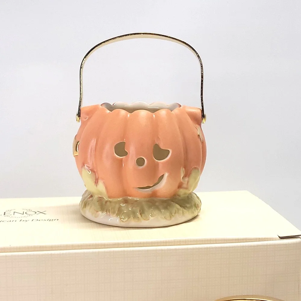 fall pumpkin jack-o-lantern Lenox votive set Halloween $70 porcelain ceramic